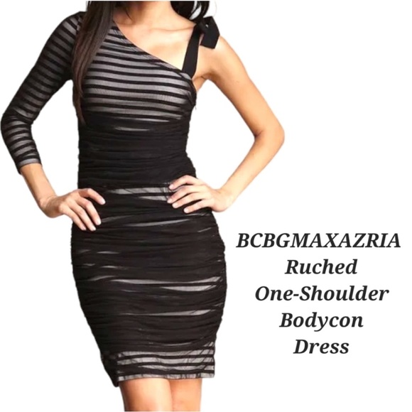 BCBGMaxAzria Black & White Striped Ruched Mesh Bodycon Dress, sz XS - Picture 3 of 14